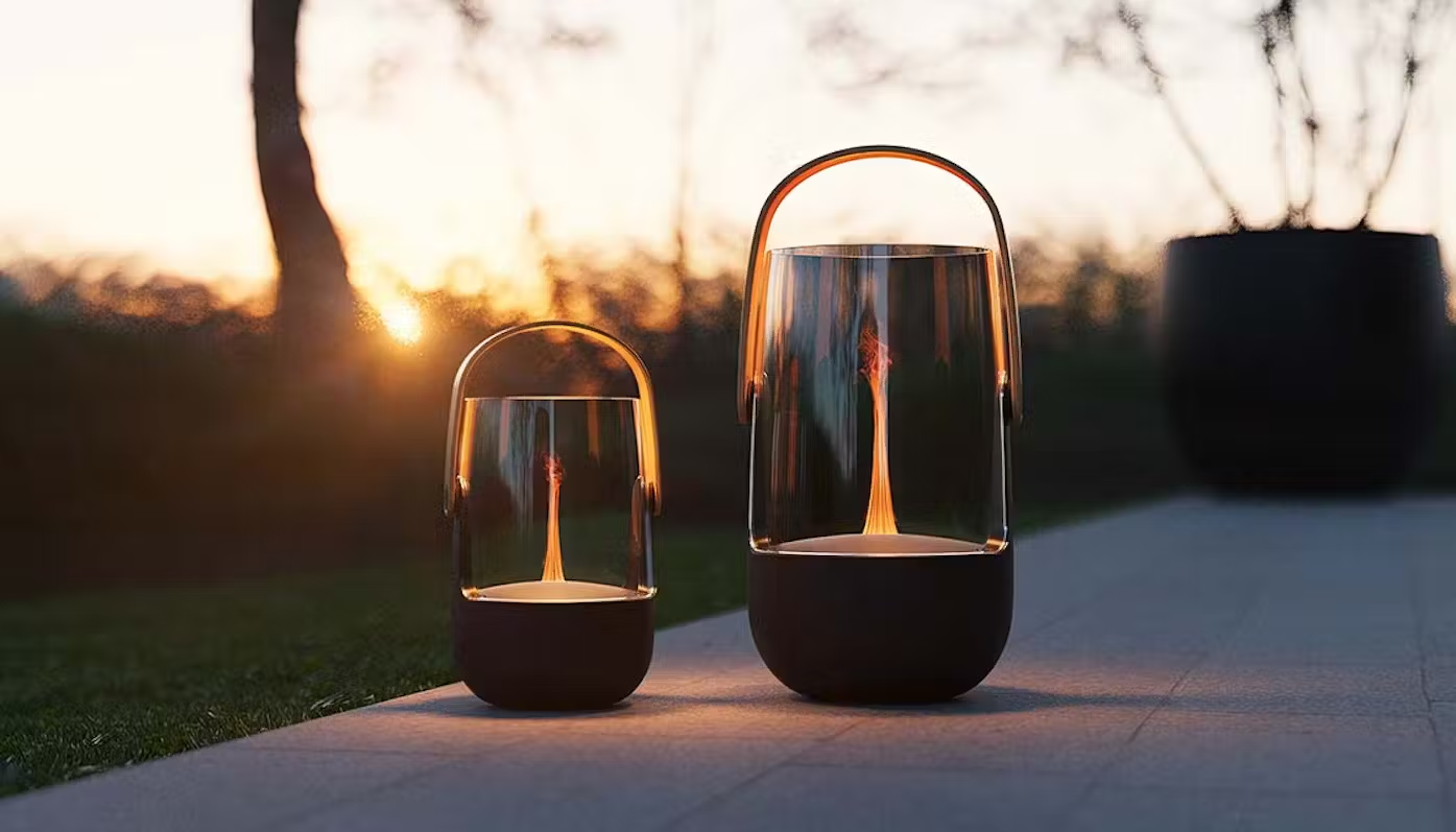 Stadler Form Sophie and Sophie small aroma diffusers and outdoor lanterns with sunset vibes